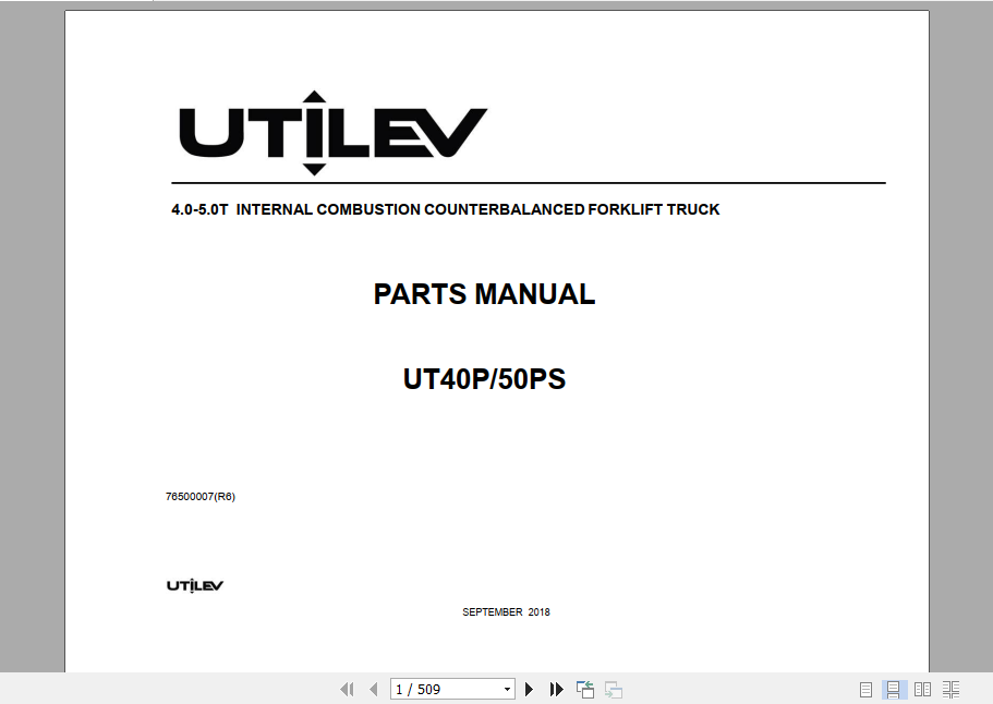 Yale Utilev Internal Combustion Counterbalanced Trucks A411 UT40 50PS Parts Catalog 1