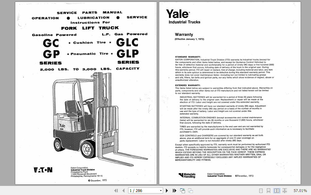 Yale Utilev Internal Combustion Counterbalanced Trucks Z946 GCGLC 020 040 Parts Catalog 1