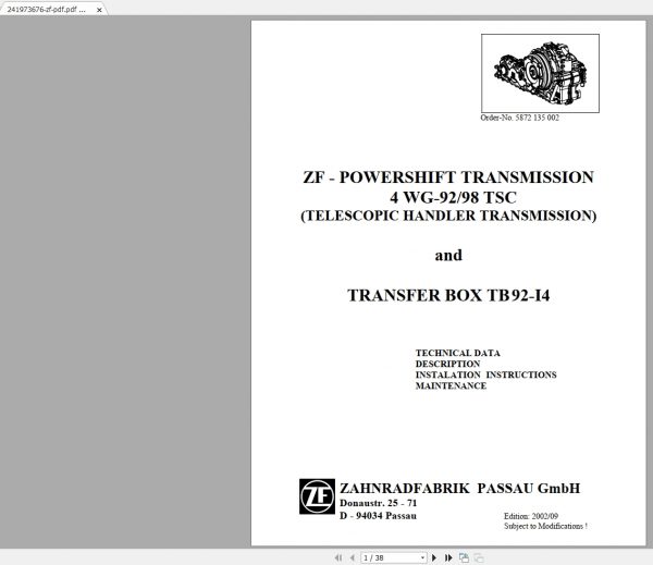ZF Transmission POWERSHIFT TRANSMISSION4 WG 92 98 T S C Service Training 1