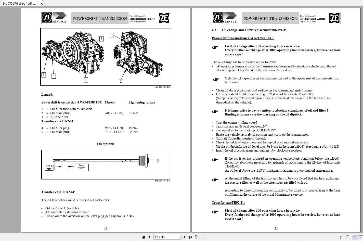 ZF Transmission POWERSHIFT TRANSMISSION4 WG 92 98 T S C Service Training
