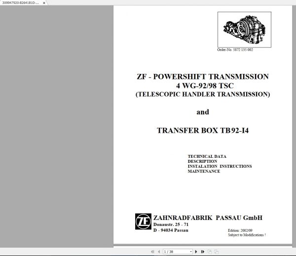 ZF Transmission Powershift Trans 4 WG 92 98 TSC Transmission Mechanics Axle Service Training 1