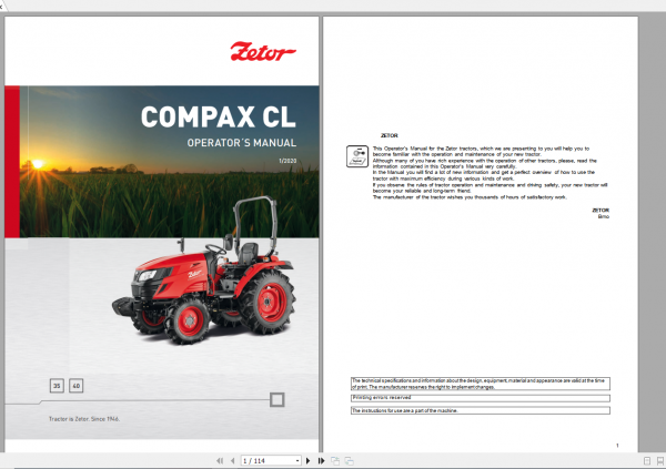 Zetor Tractor Compax CL 35 40 Operators Manual 1