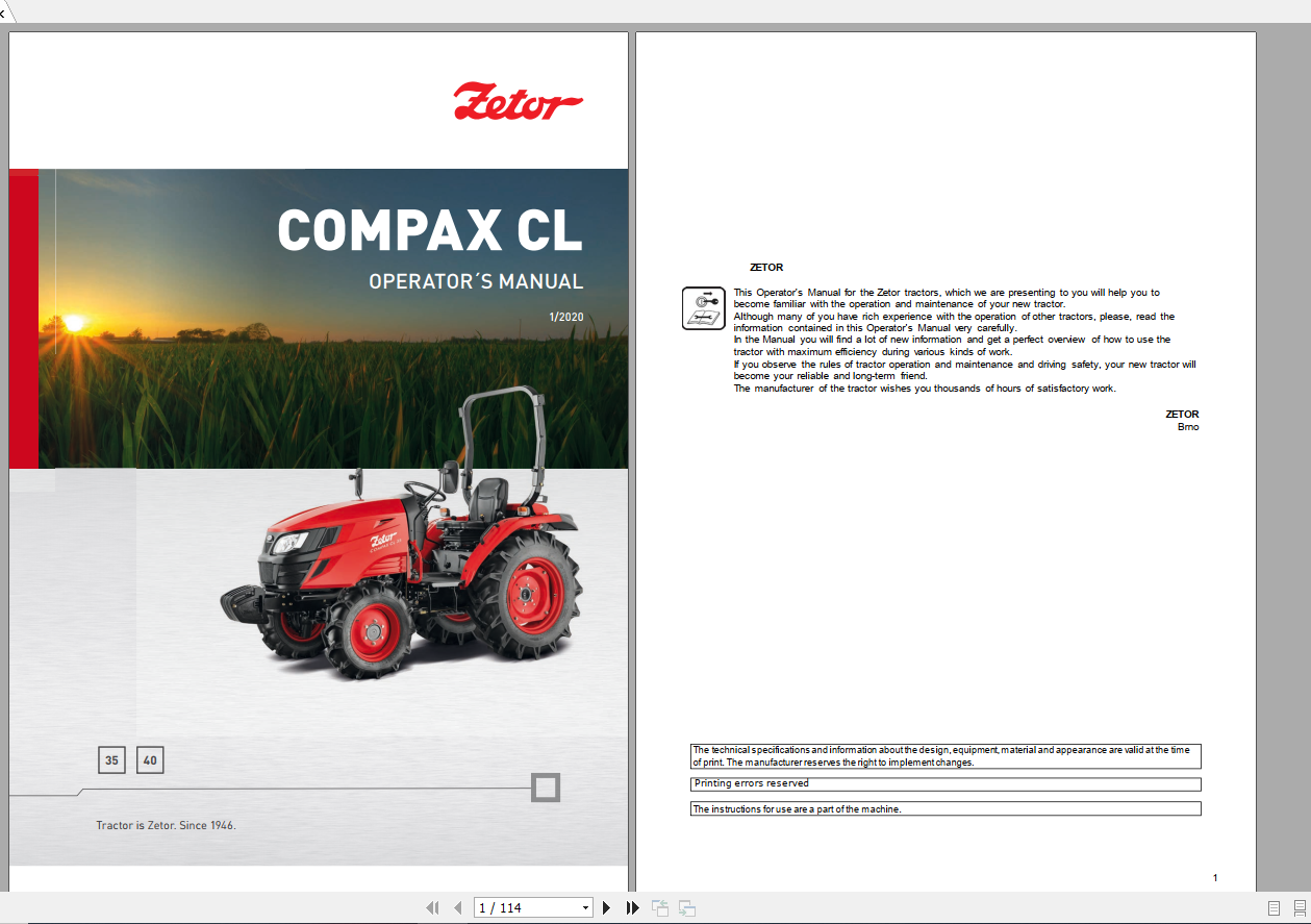 Zetor Tractor Compax CL 35 40 Operators Manual 1