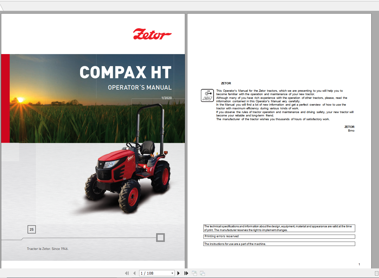 Zetor Tractor Compax HT 25 Operators Manual 1