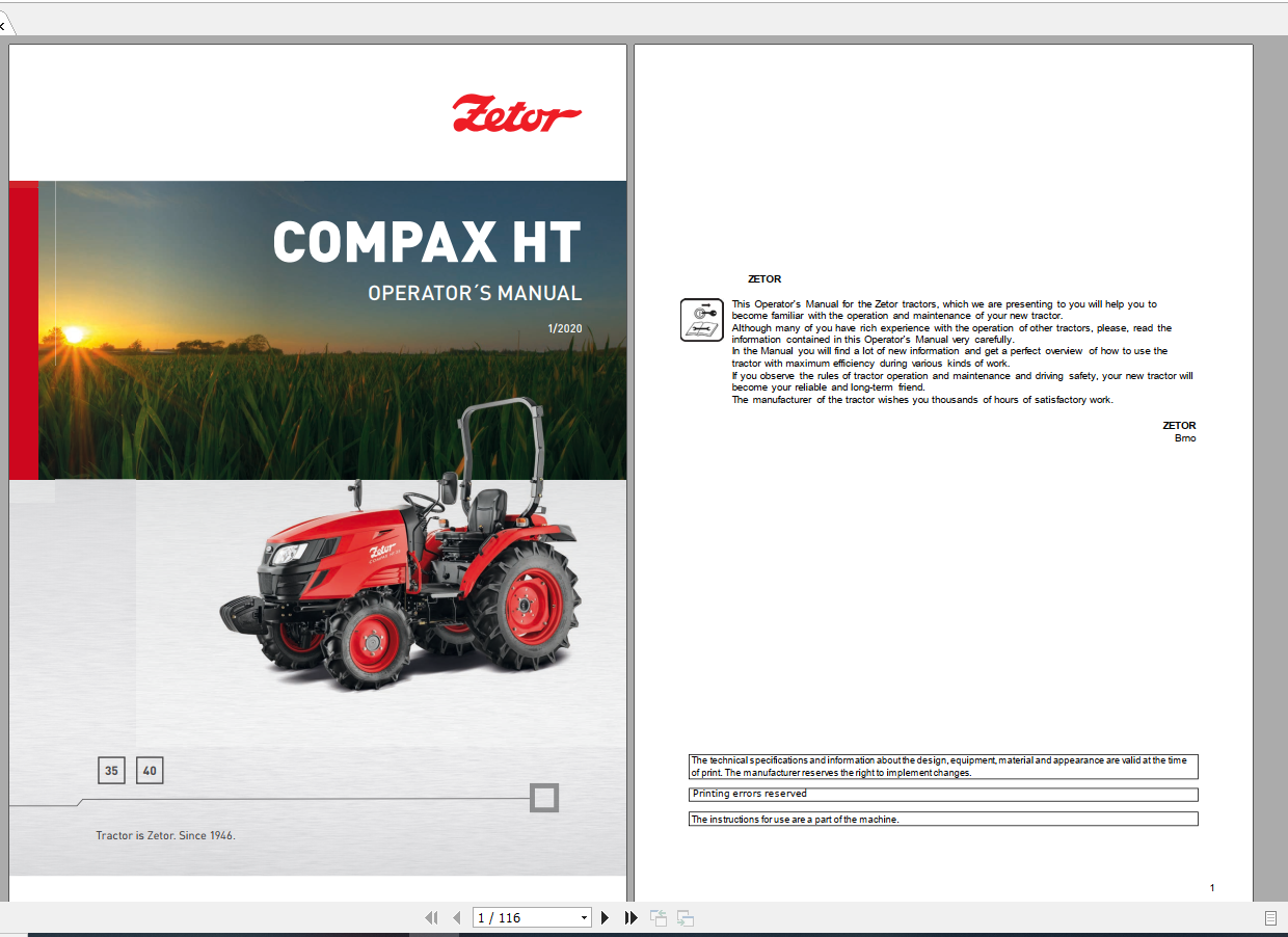 Zetor Tractor Compax HT 35 40 Operators Manual 1