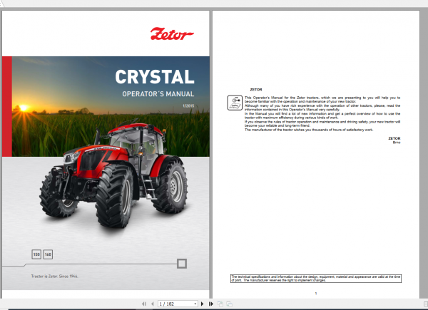 Zetor Tractor Crystal 150 160 2015 Operators Manual