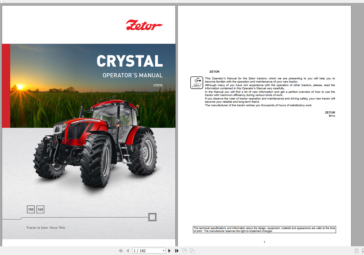 Zetor Tractor Crystal 150 160 Operators Manual 1