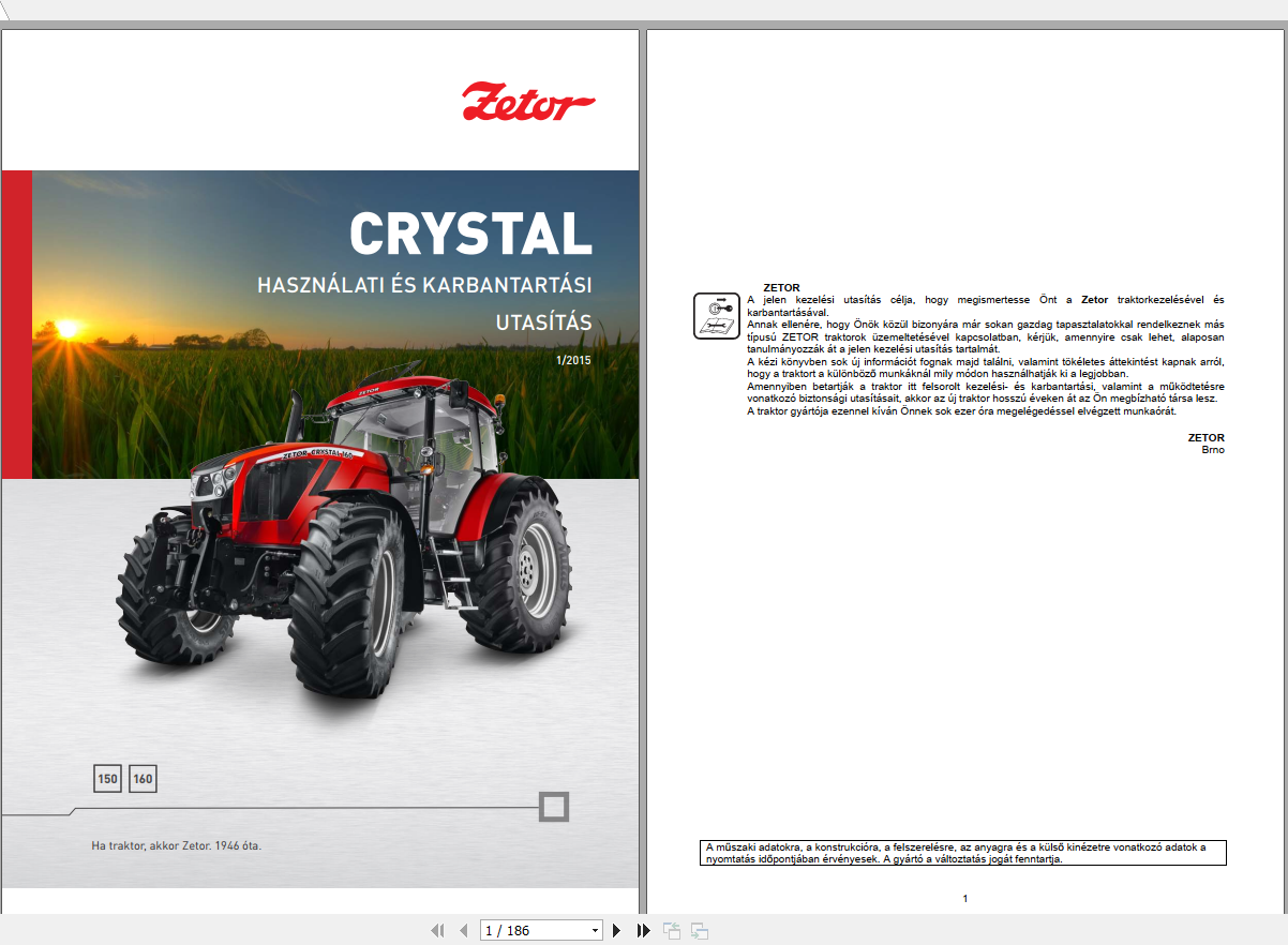 Zetor Tractor Crystal 150 160 Operators Manual HU 1