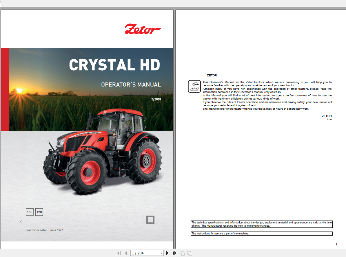 Zetor Tractor Crystal HD 150 170 Operators Manual 1