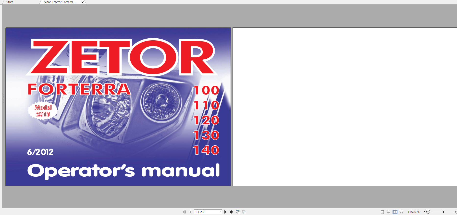 Zetor Tractor Forterra 100 110 120 130 1402013 Operators Manual