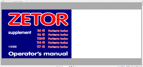 Zetor Tractor Forterra 86 41 96 41 106 41 114 41 117 41 Supplement Operators Manual 1