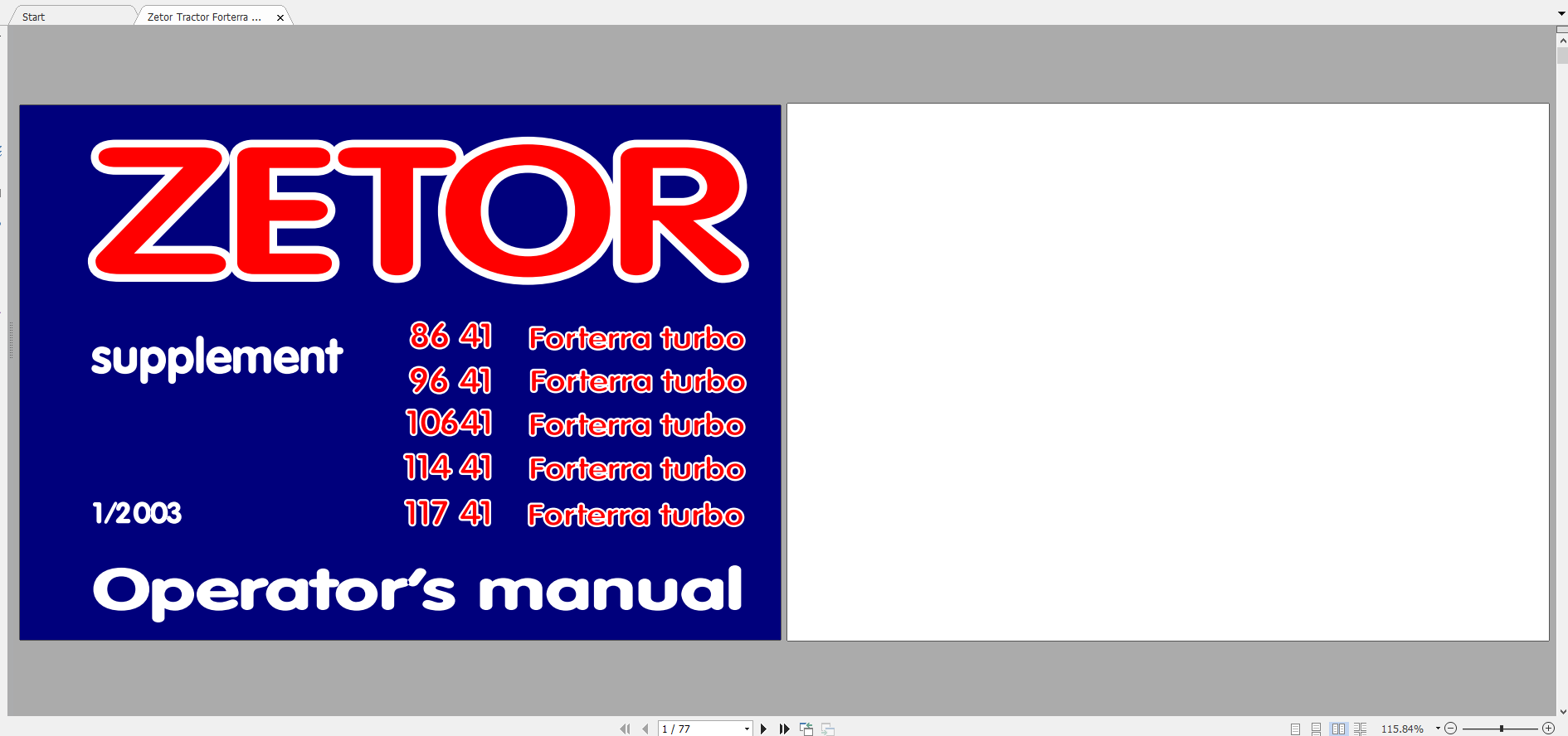 Zetor Tractor Forterra 86 41 96 41 106 41 114 41 117 41 Supplement Operators Manual 1
