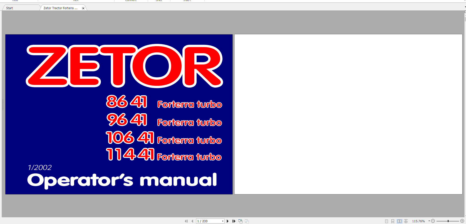 Zetor Tractor Forterra 86 41 96 41 106 41 114 41 Operators Manual 1