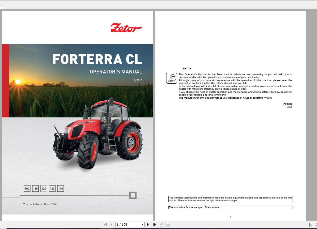 Zetor Tractor Forterra CL 100 110 120 130 140 2015 Operators Manual