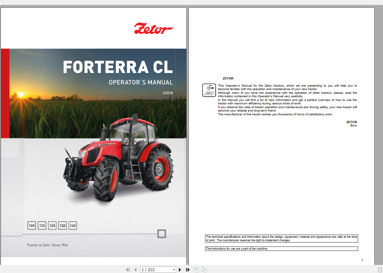Zetor Tractor Forterra CL 100 110 120 130 140 2018 Operators Manual