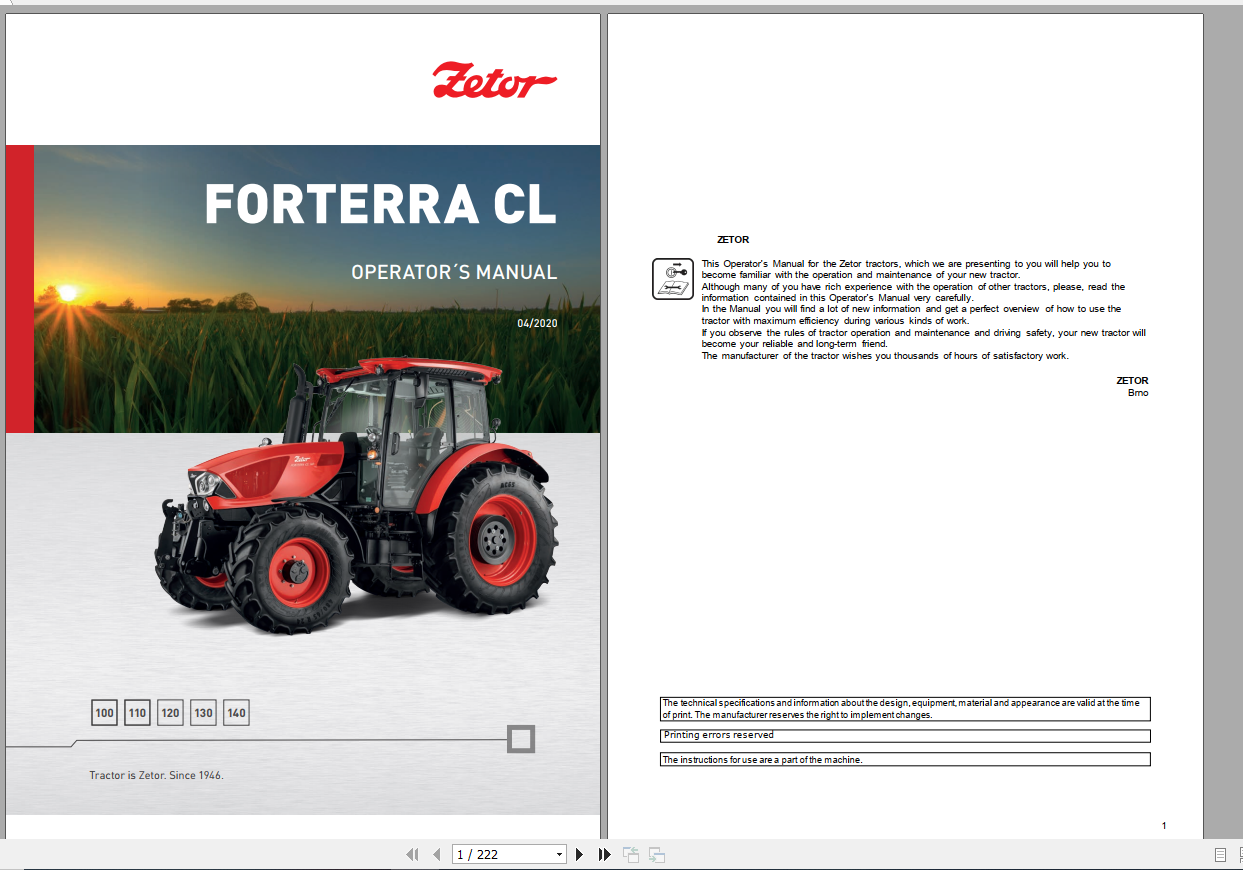 Zetor Tractor Forterra CL 100 110 120 130 140 2020 Operators Manual 1