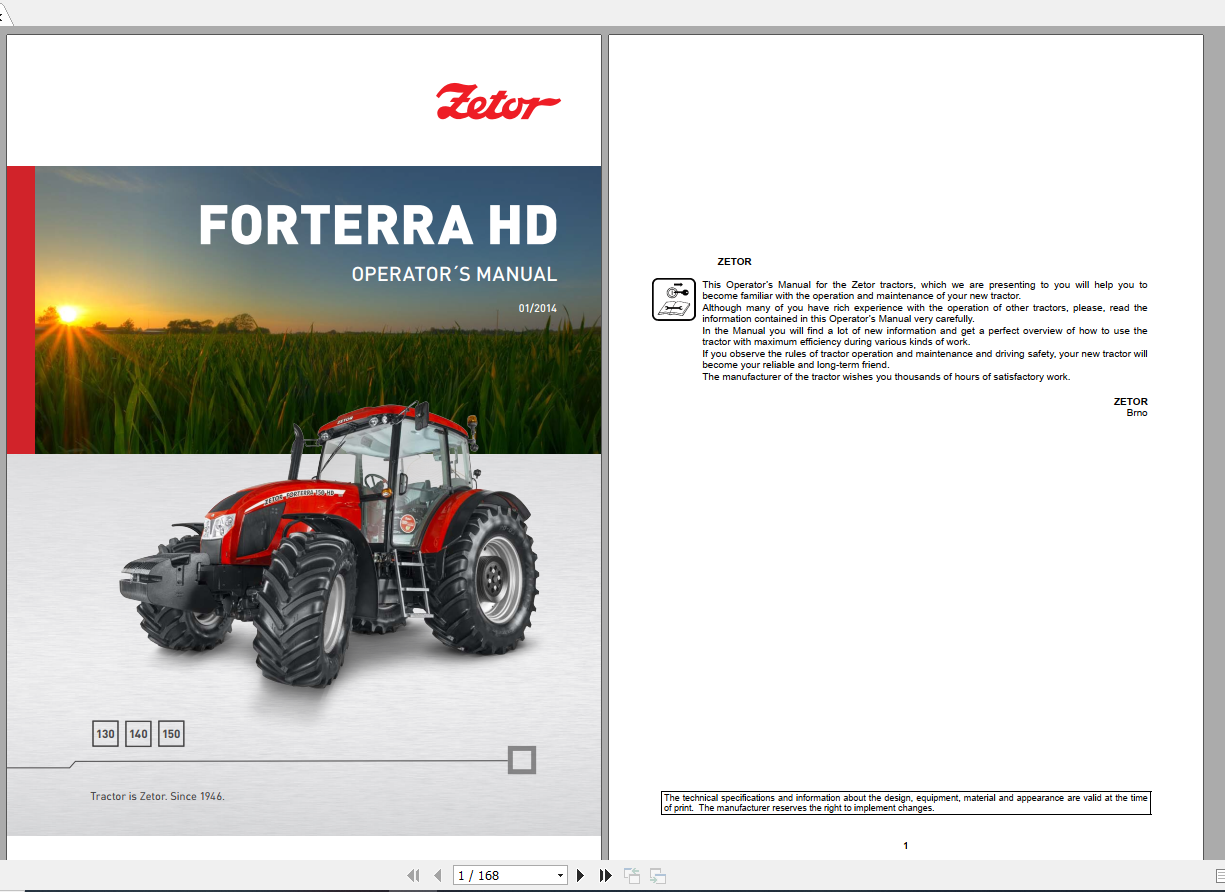 Zetor Tractor Forterra HD 130 140 150 2014 Operators Manual