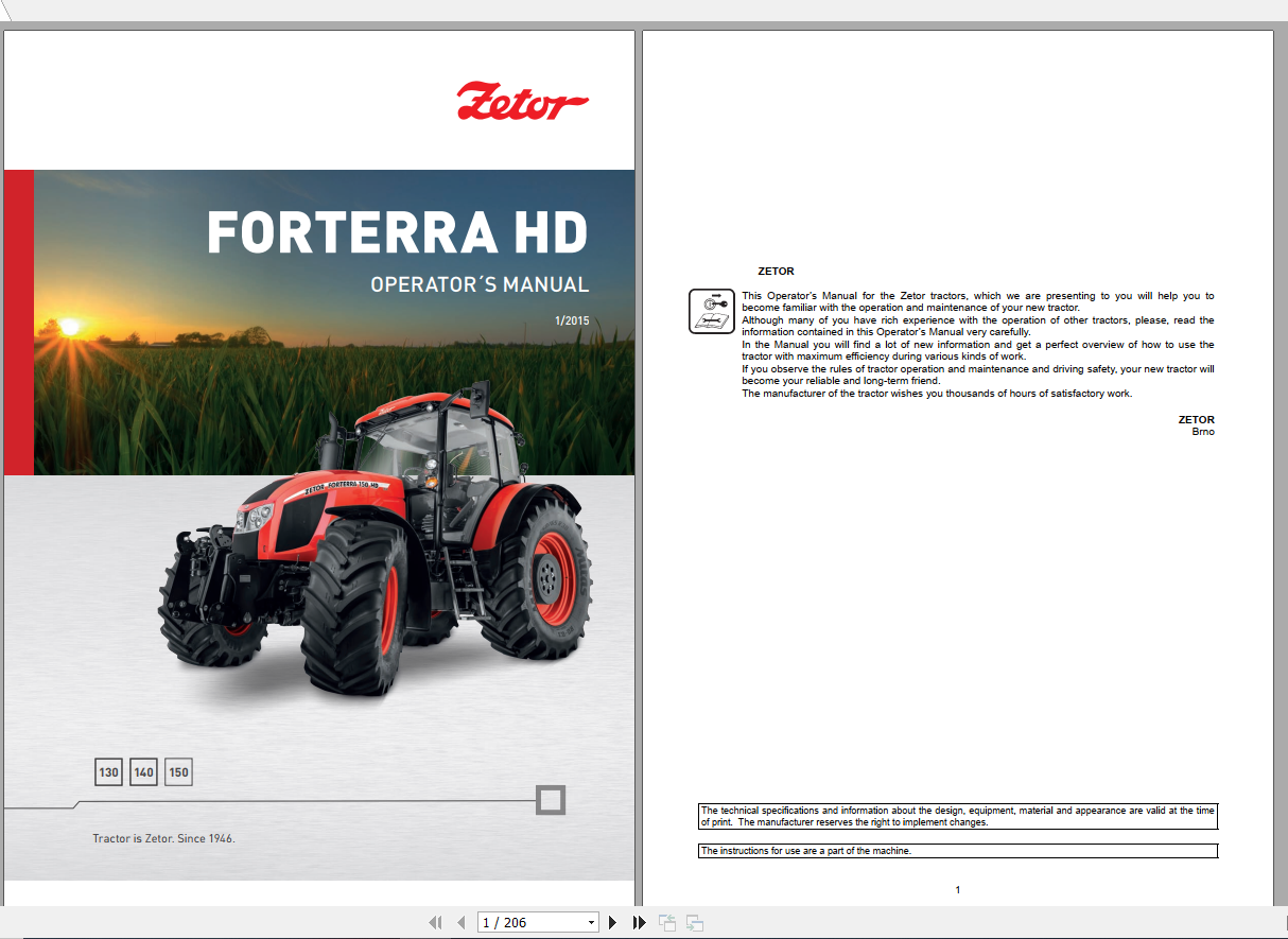 Zetor Tractor Forterra HD 130 140 150 2015 Operators Manual 1