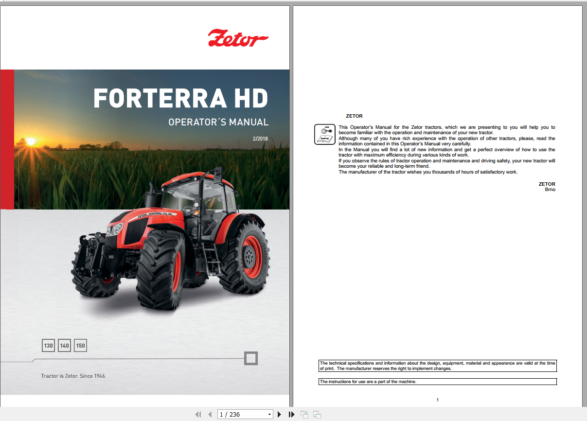 Zetor Tractor Forterra HD 130 140 150 2018 Operators Manual