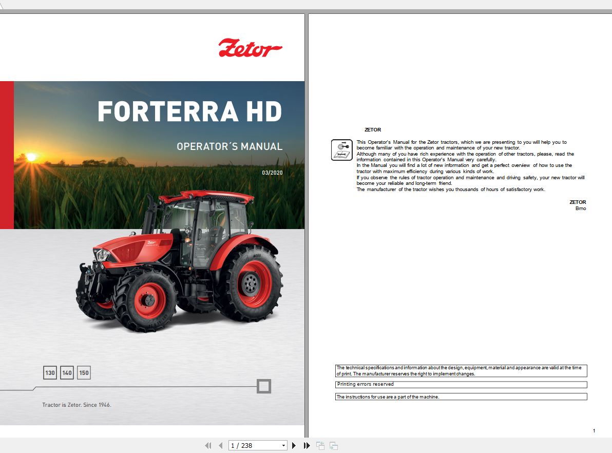 Zetor Tractor Forterra HD 130 140 150 2020 Operators Manual 1