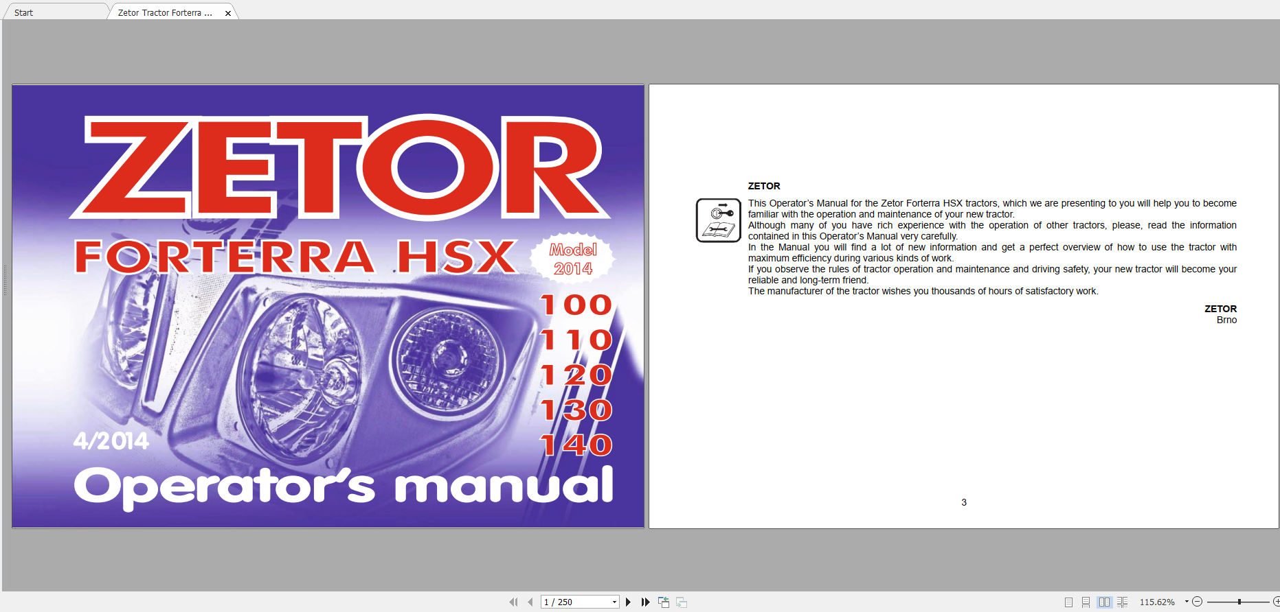 Zetor Tractor Forterra HSX 100 110 120 130 140 2014 Operators Manual 2