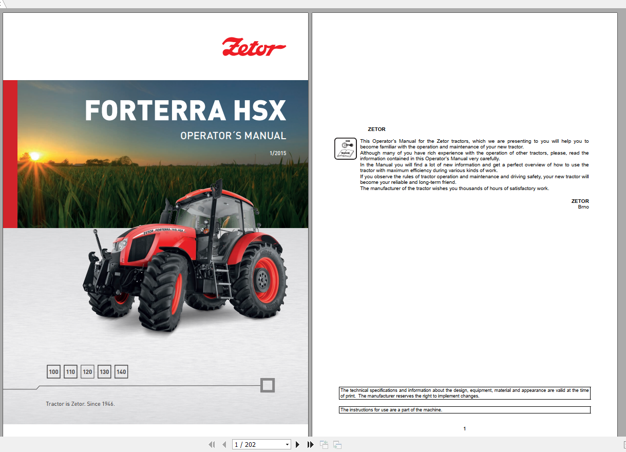 Zetor Tractor Forterra HSX 100 110 120 130 140 2015 Operators Manual 3
