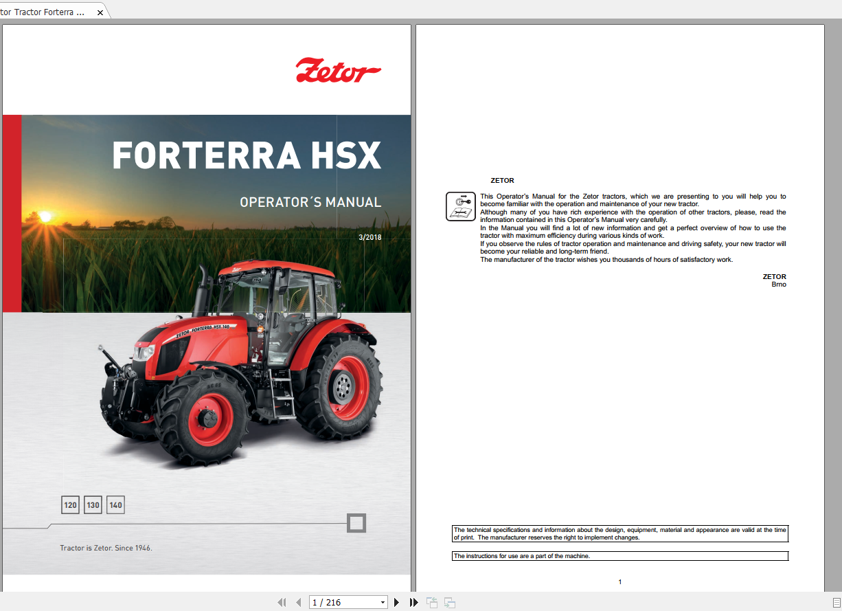 Zetor Tractor Forterra HSX 120 130 140 2018 Operators Manual