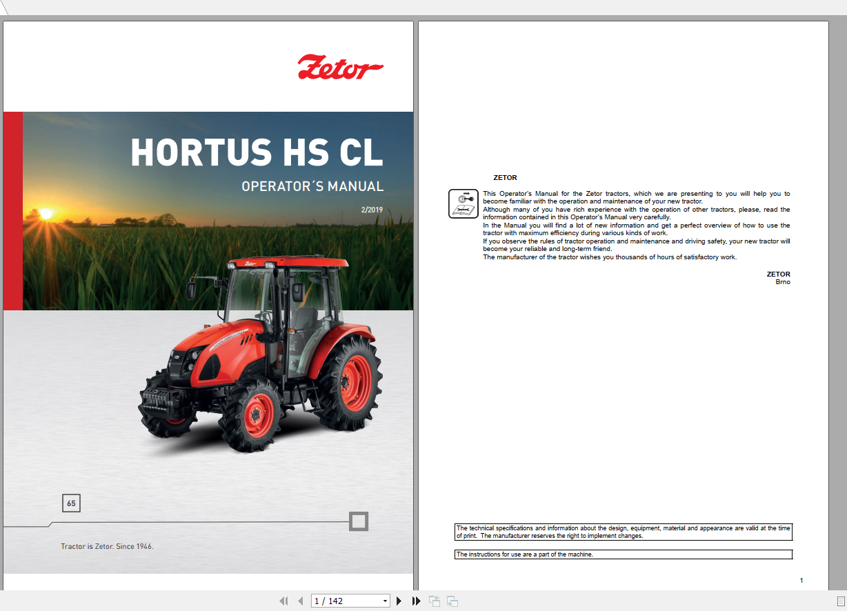 Zetor Tractor Hortus CL HS 65 Operators Manual 1