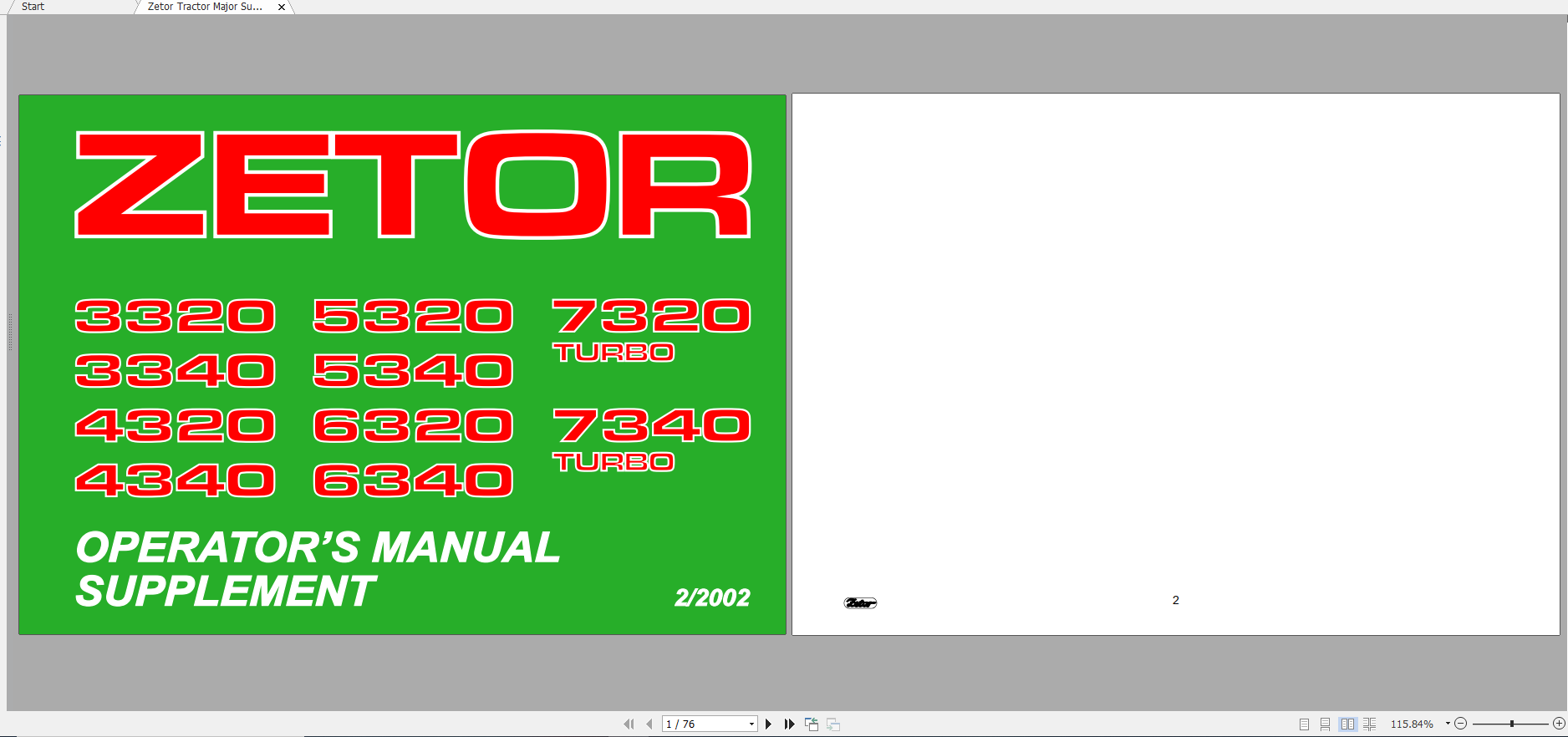Zetor Tractor Major 3320 7340 Supplement 2002 Operators Manual