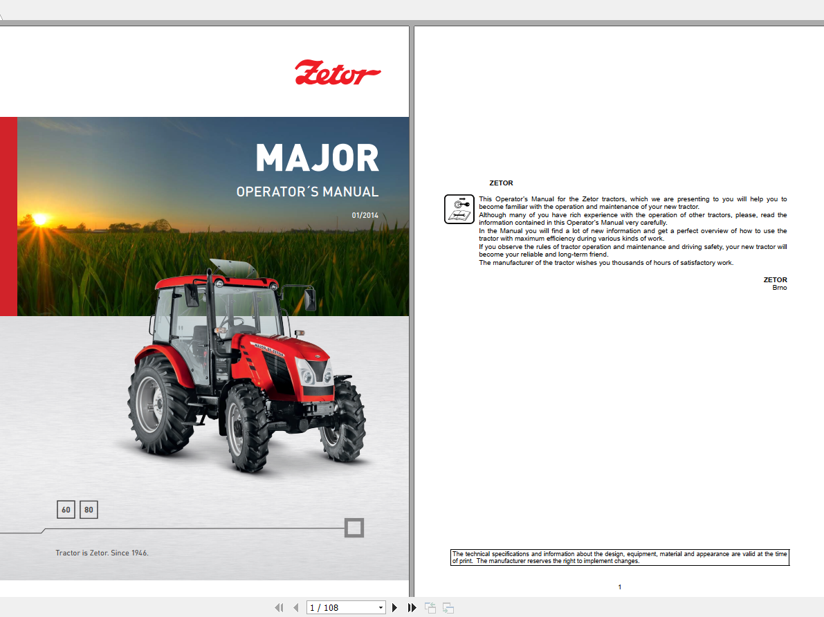 Zetor Tractor Major 60 80 2014 Operators Manual