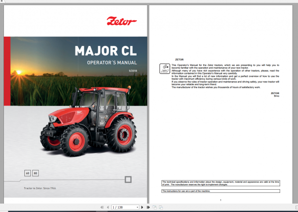 Zetor Tractor Major CL 60 80 2018 Operators Manual
