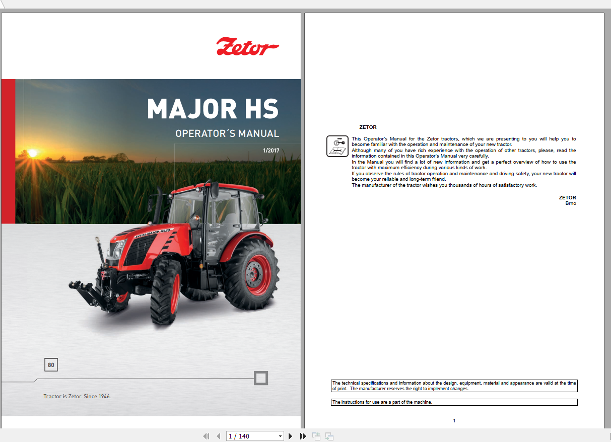Zetor Tractor Major CL 80 2017 Operators Manual
