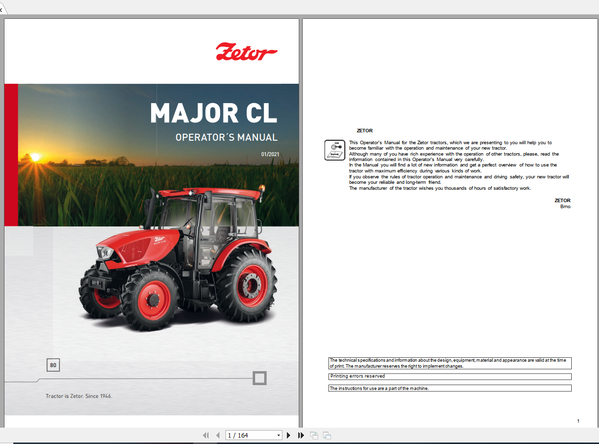 Zetor Tractor Major CL 80 2021 Operators Manual