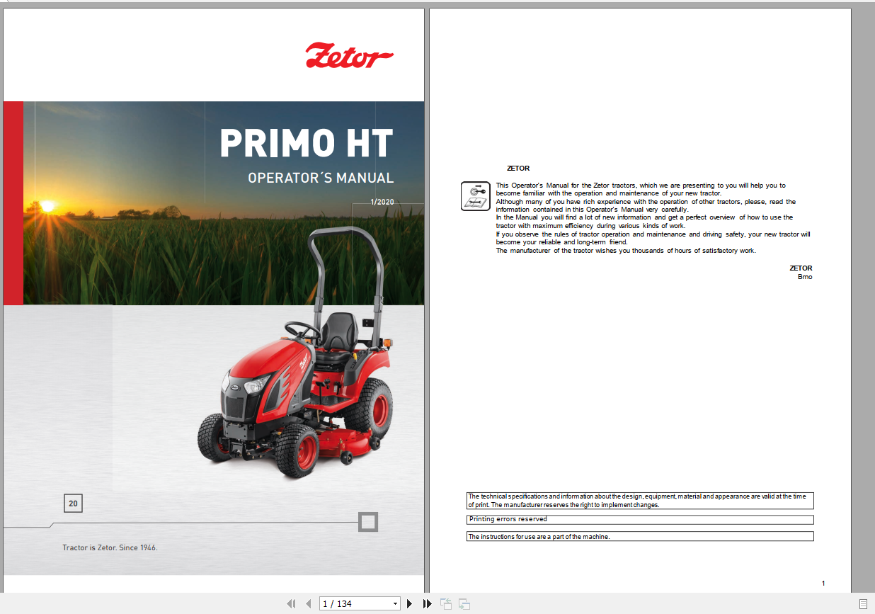 Zetor Tractor Primo HT 20 2020 Operators Manual