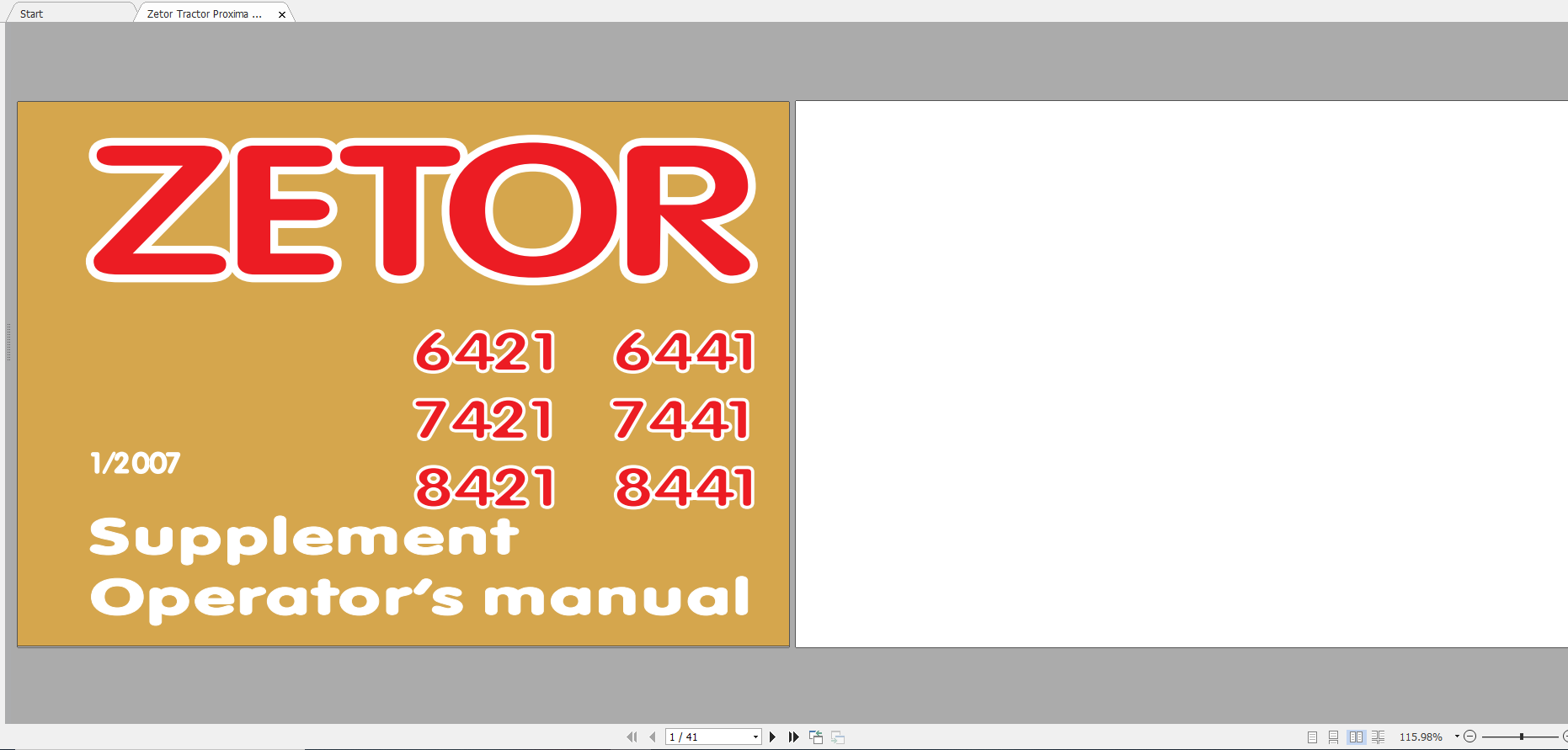 Zetor Tractor Proxima 6421 8441 Tier III 2007 Supplement Operators Manual