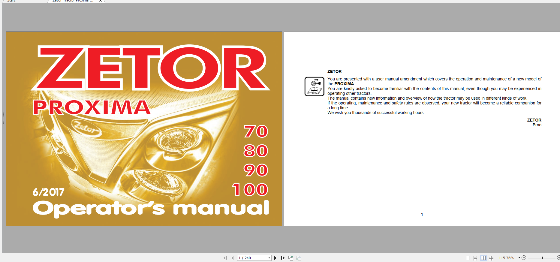 Zetor Tractor Proxima 70 80 90 100 2017 Operators Manual