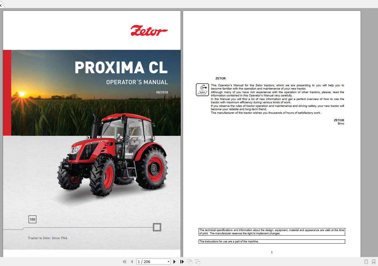 Zetor Tractor Proxima CL 100 2018 Operators Manual 1