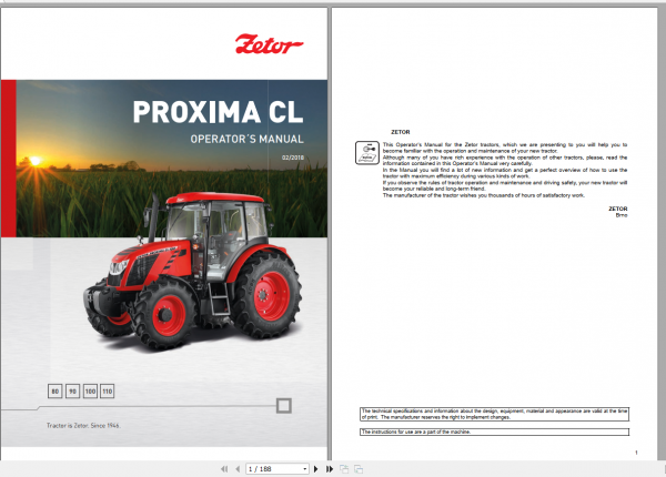 Zetor Tractor Proxima CL 80 90 100 110 2018 Operators Manual