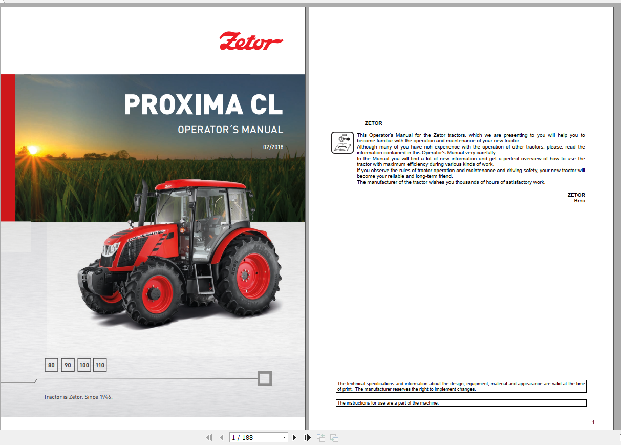 Zetor Tractor Proxima CL 80 90 100 110 2018 Operators Manual