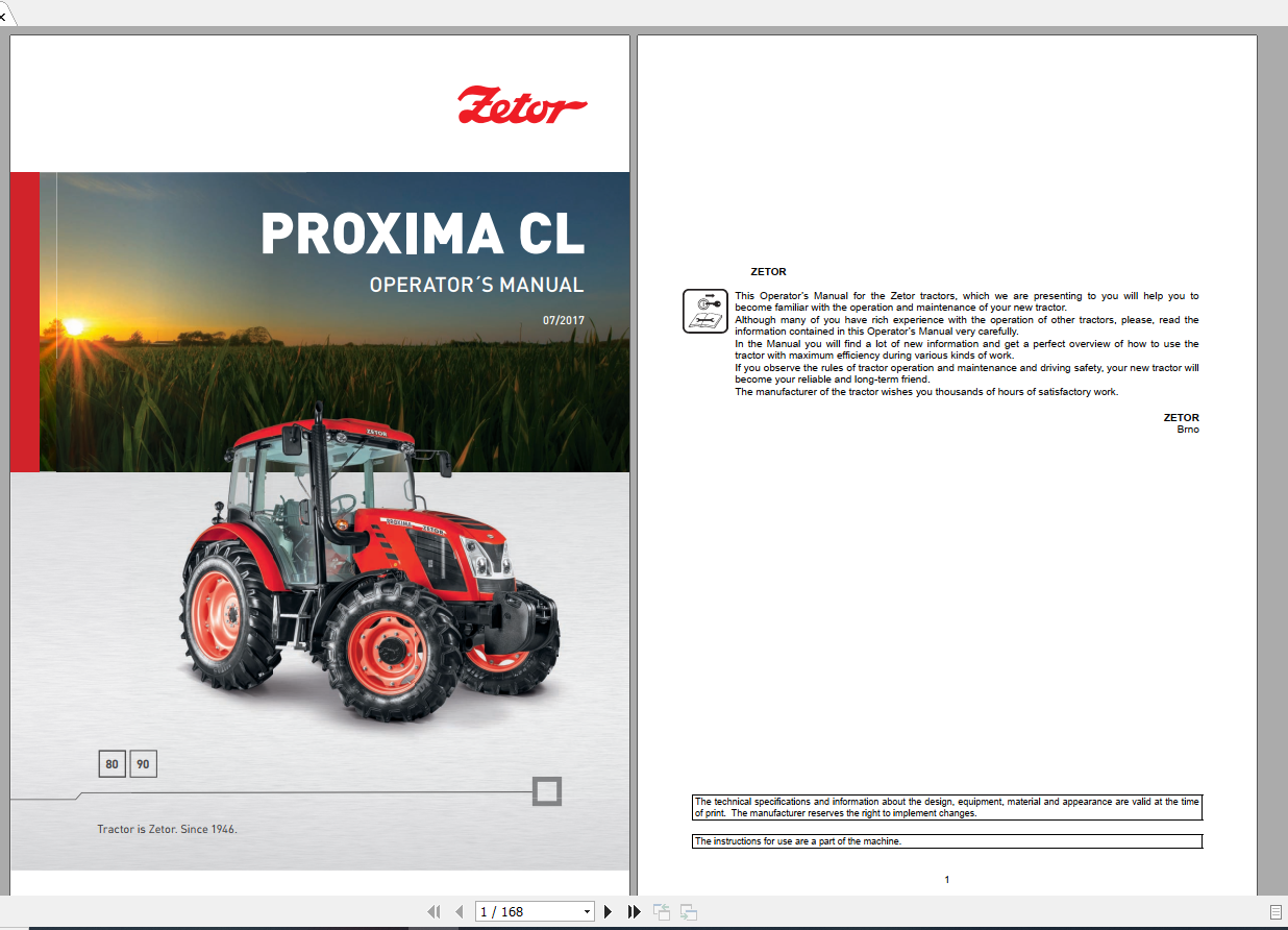 Zetor Tractor Proxima CL 80 90 2017 Operators Manual
