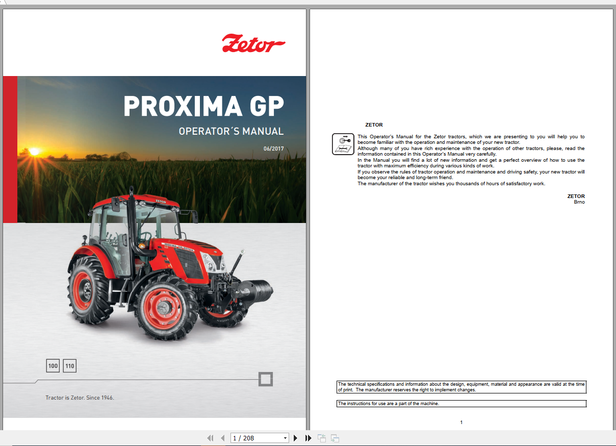 Zetor Tractor Proxima GP 100 110 2017 Operators Manual