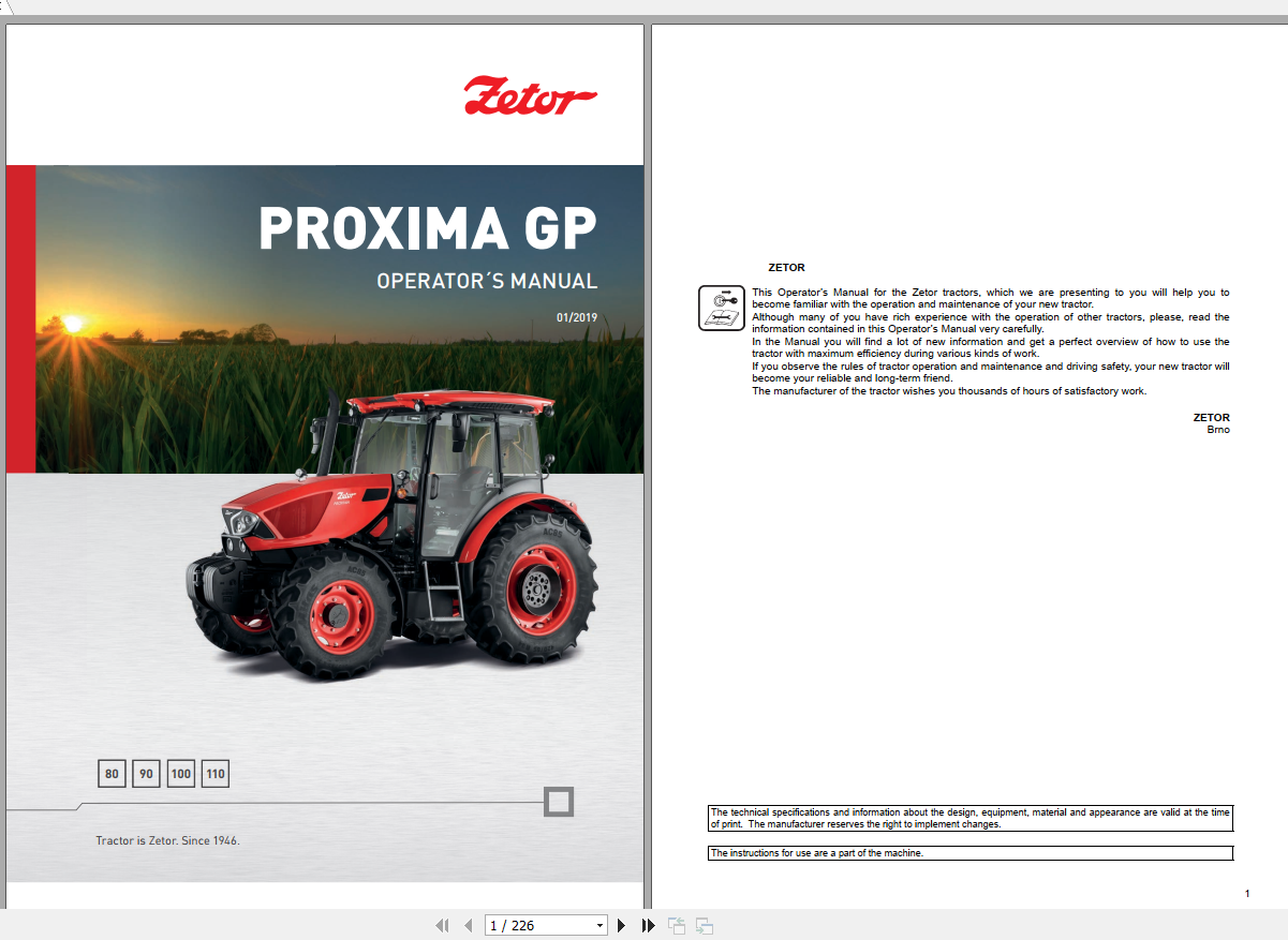 Zetor Tractor Proxima GP 80 90 100 110 2021 ND Operators Manual