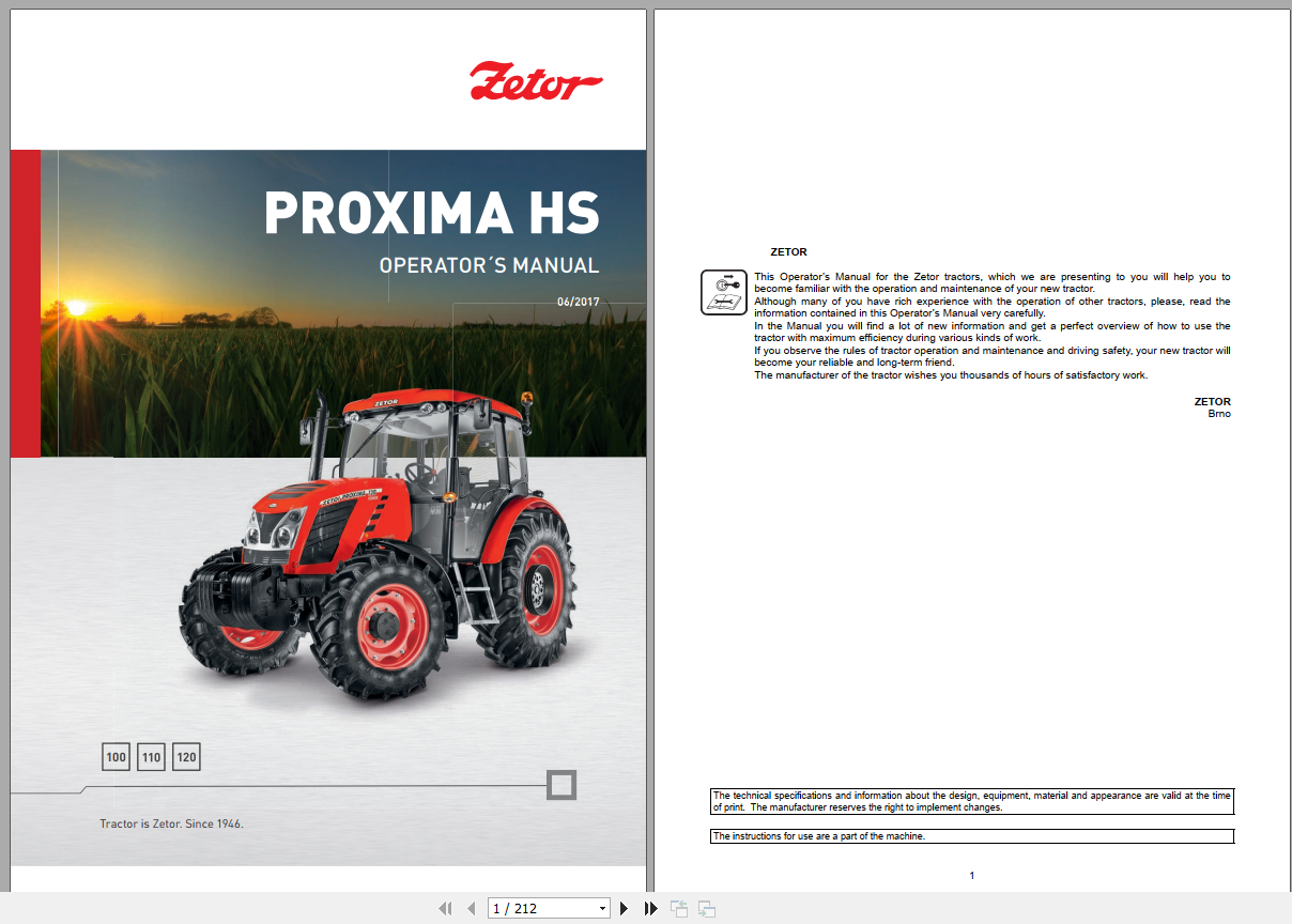 Zetor Tractor Proxima HS 100 110 120 2017 Operators Manual