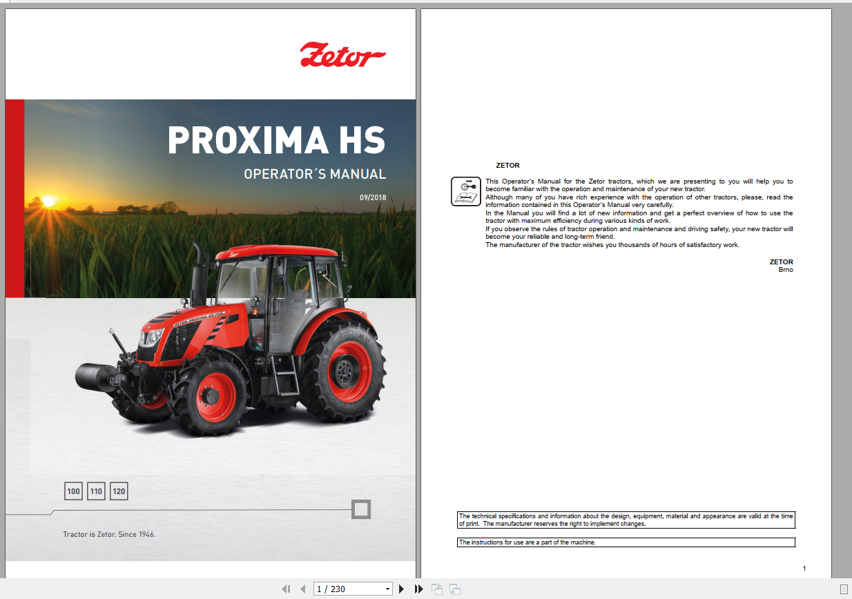 Zetor Tractor Proxima HS 100 110 120 2018 Operators Manual 1