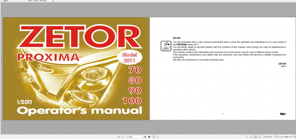 Zetor Tractor Proxima HS 70 80 90 100 2011 Operators Manual