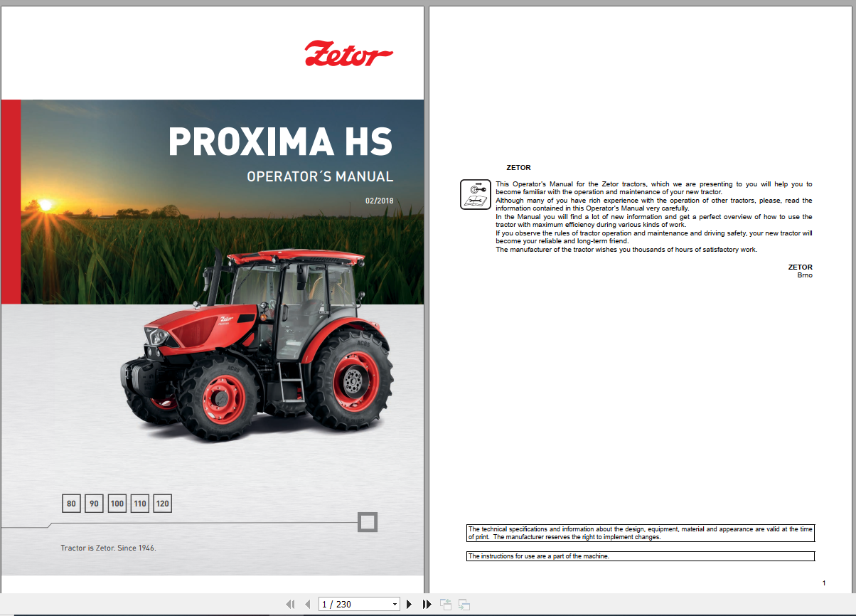 Zetor Tractor Proxima HS 80 90 100 110 120 2018 T2 ND Operators Manual