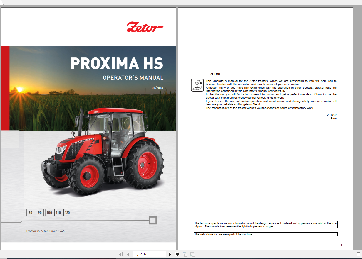 Zetor Tractor Proxima HS 80 90 100 110 120 2018 T2 Operators Manual