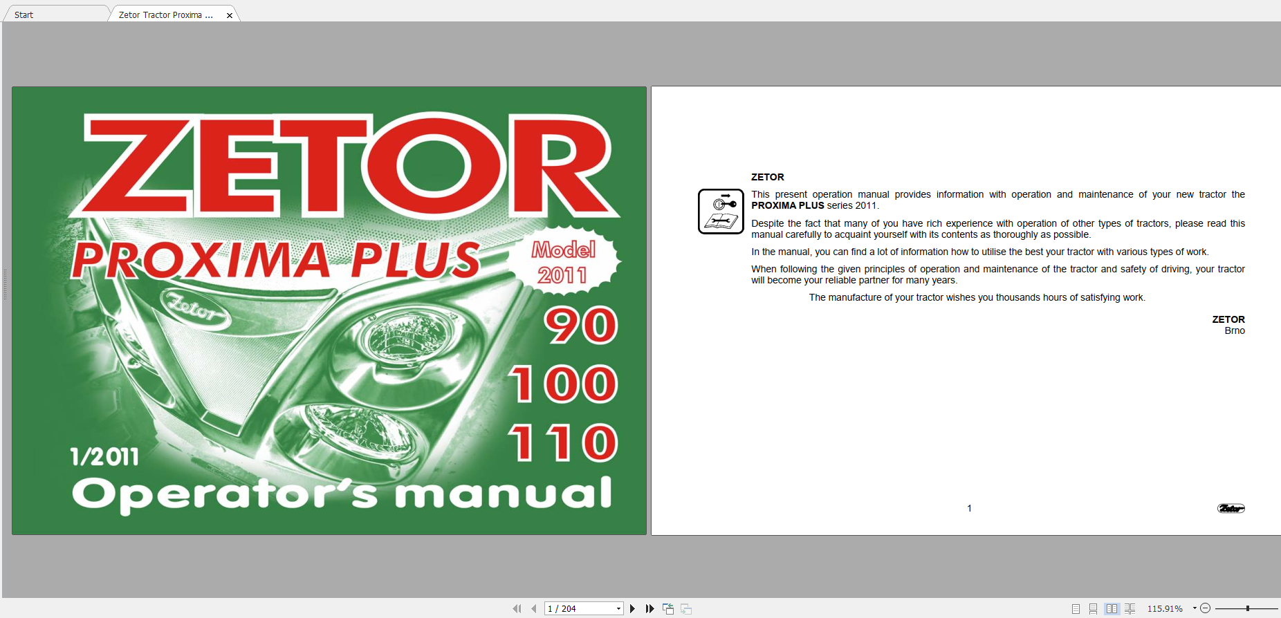 Zetor Tractor Proxima Plus 90 100 110 2011 Operators Manual
