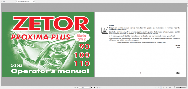 Zetor Tractor Proxima Plus 90 100 110 2012 3B Operators Manual
