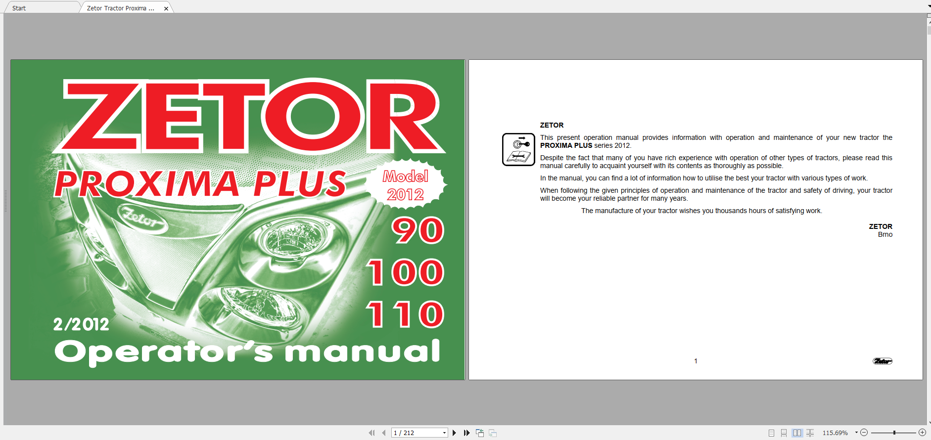 Zetor Tractor Proxima Plus 90 100 110 2012 3B Operators Manual
